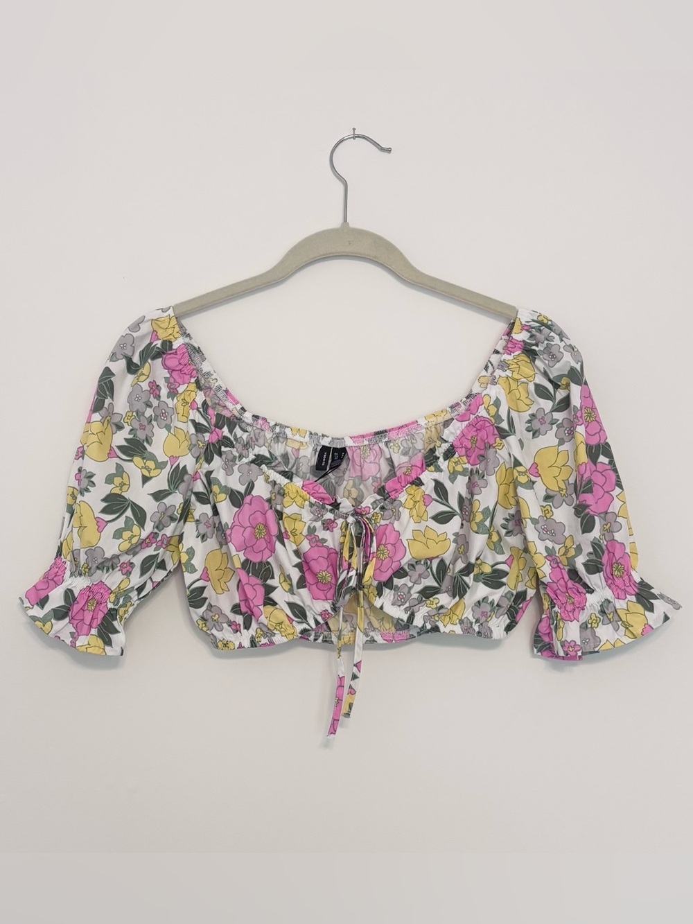 NWT Floral Bra Top Tie Front Puff Sleeves Cotton Coquette Feminine